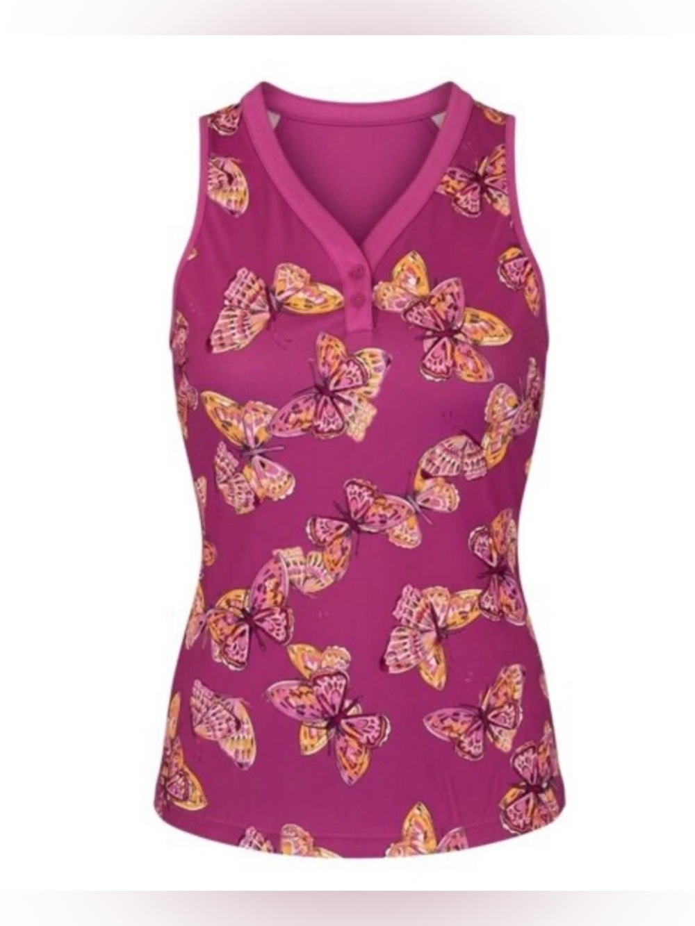 PGA Tour Woman's Sleeveless Butterfly Print Top Medium Purple Orchid Color Shirt